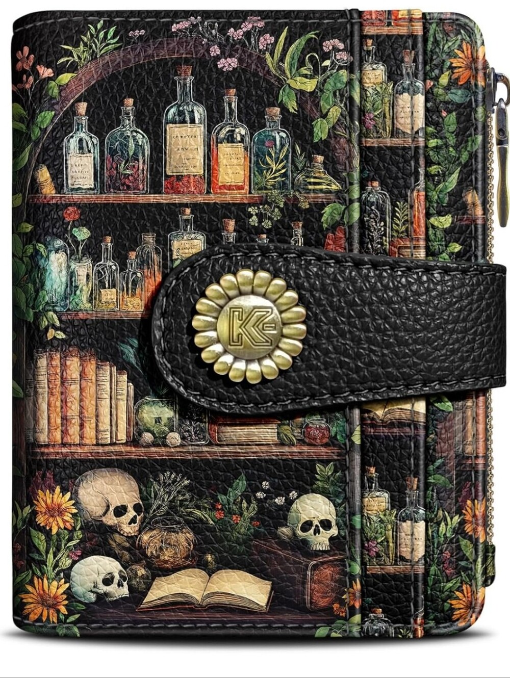 Black Botanical Apothecary Wallet with Skull Accent - Unbranded